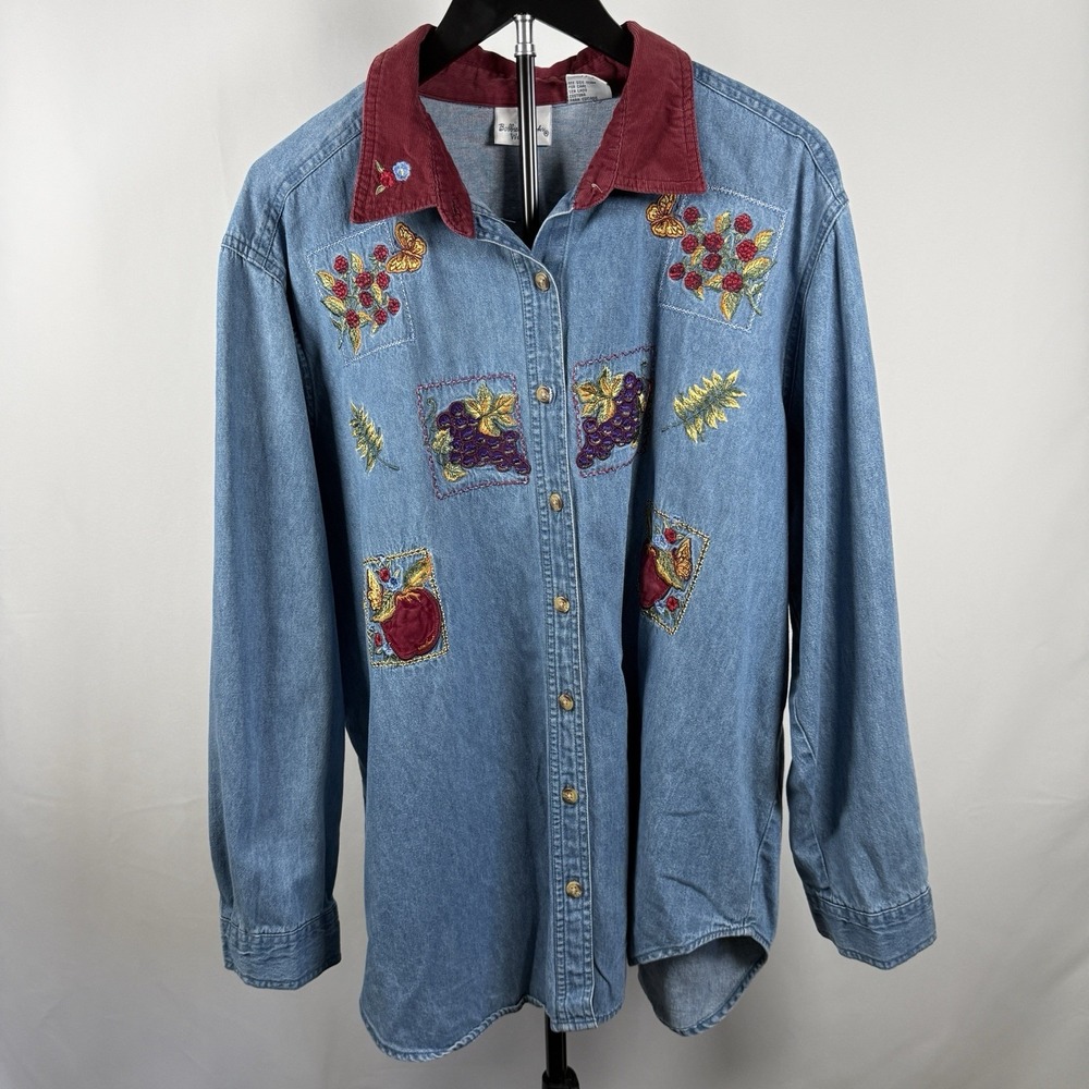 Bobbie Brooks Denim Button Down Embroidered Fall Fruit VTG